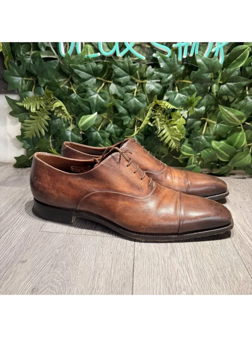 Santoni Men’s Polished Brown Leather Oxford Cap Toe Shoe Size 12